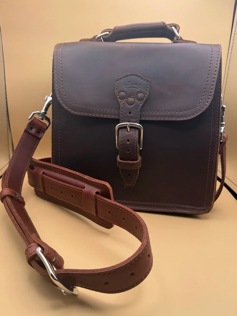 Saddleback Leather Indiana Satchel Dark Coffee Brown Blue Logo